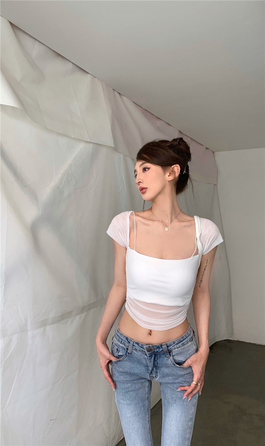【F60334】實拍夏季修身網紗短款上衣250408