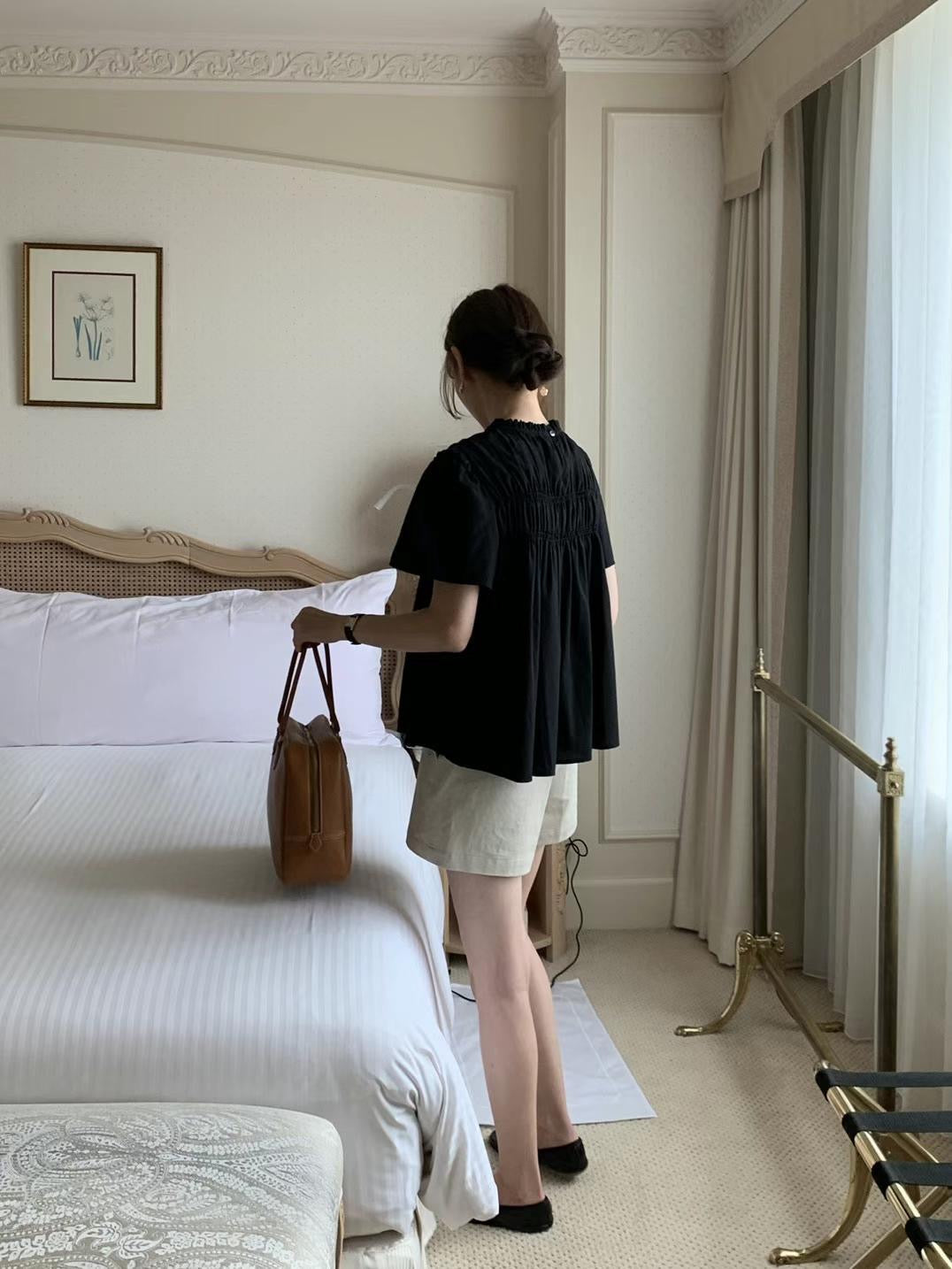 【F032289】韓國東大門夏季甜美立領褶皺娃娃襯衫250311