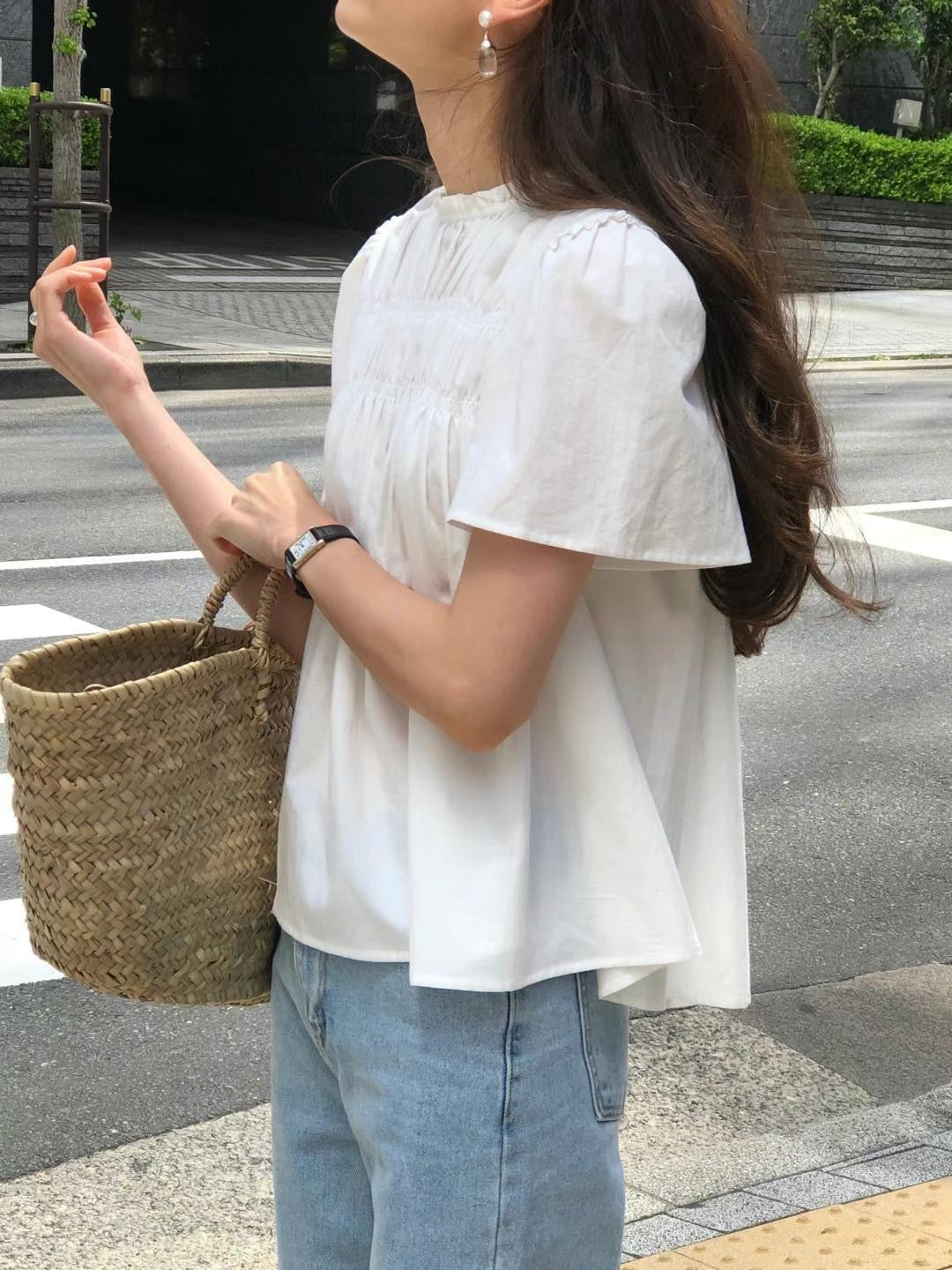 【F032289】韓國東大門夏季甜美立領褶皺娃娃襯衫250311