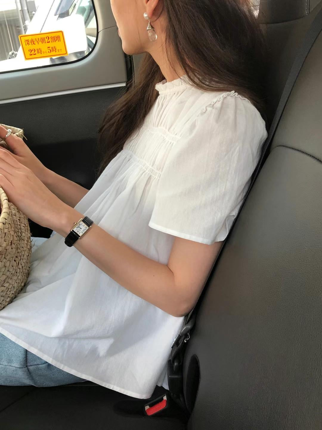 【F032289】韓國東大門夏季甜美立領褶皺娃娃襯衫250311