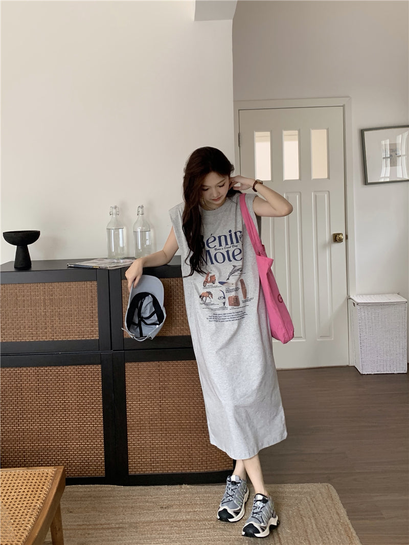【F034269】實拍夏日印花無袖墊肩T恤洋裝250325