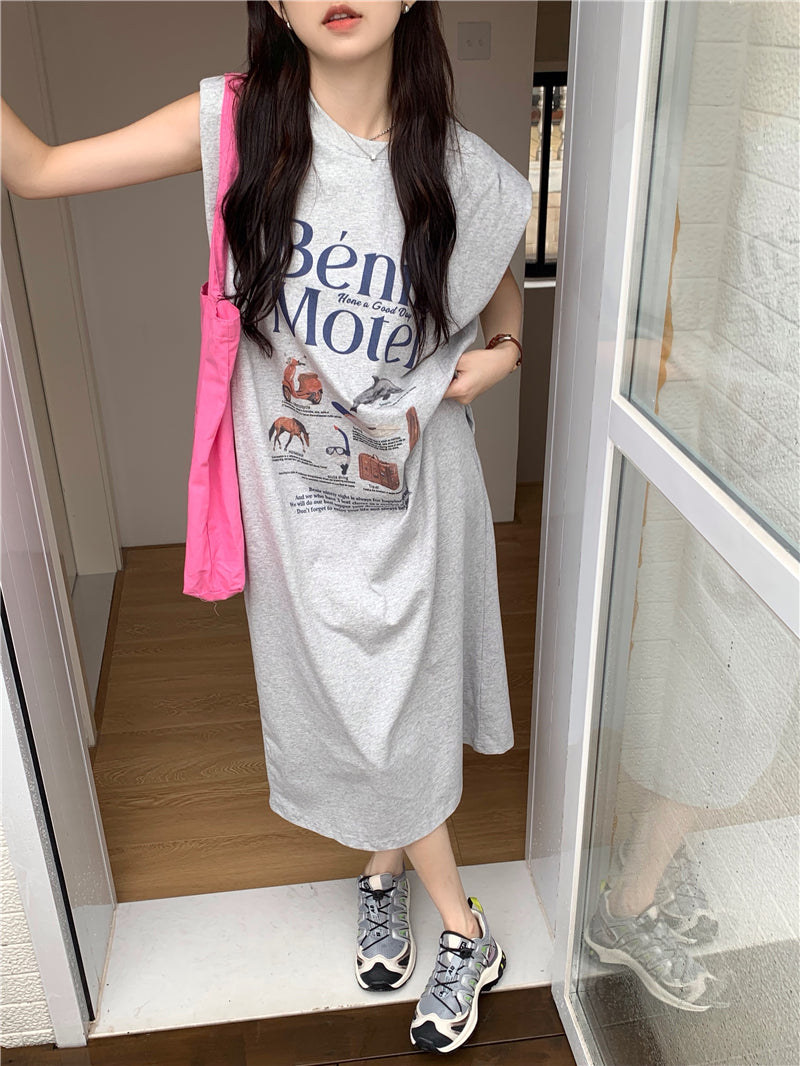 【F034269】實拍夏日印花無袖墊肩T恤洋裝250325