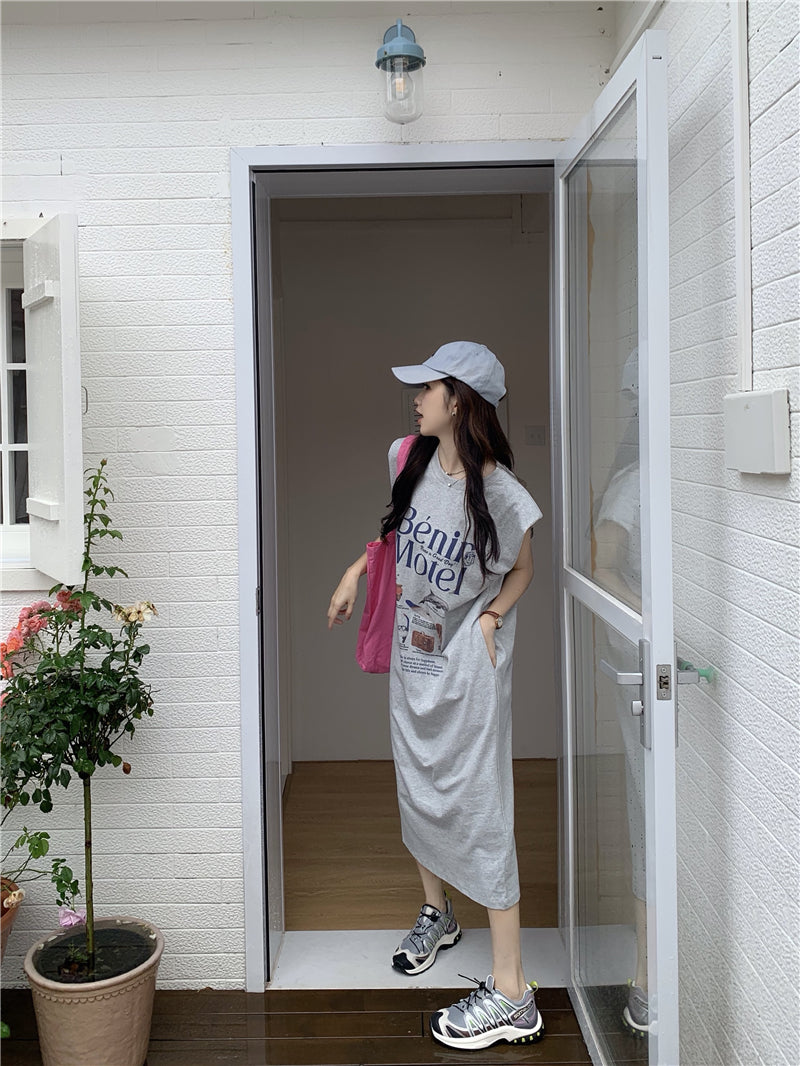 【F034269】實拍夏日印花無袖墊肩T恤洋裝250325