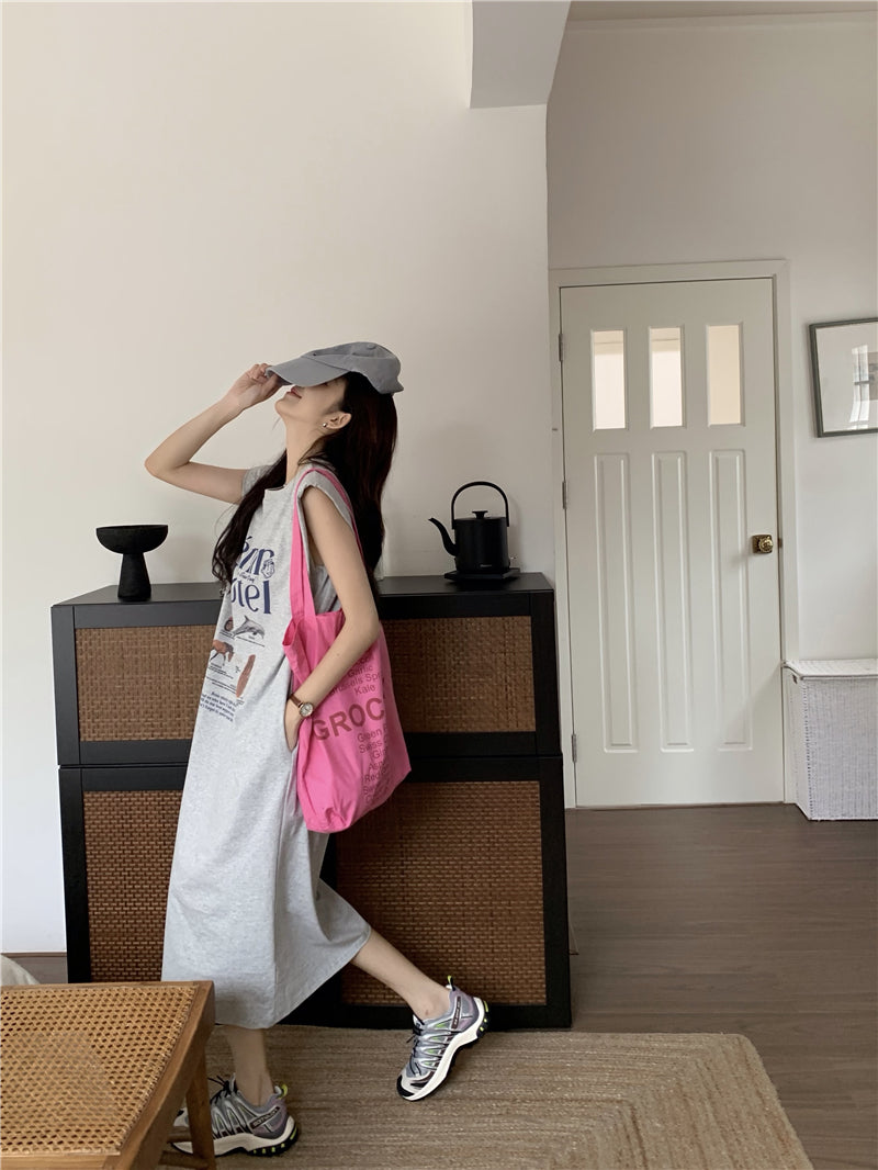 【F034269】實拍夏日印花無袖墊肩T恤洋裝250325