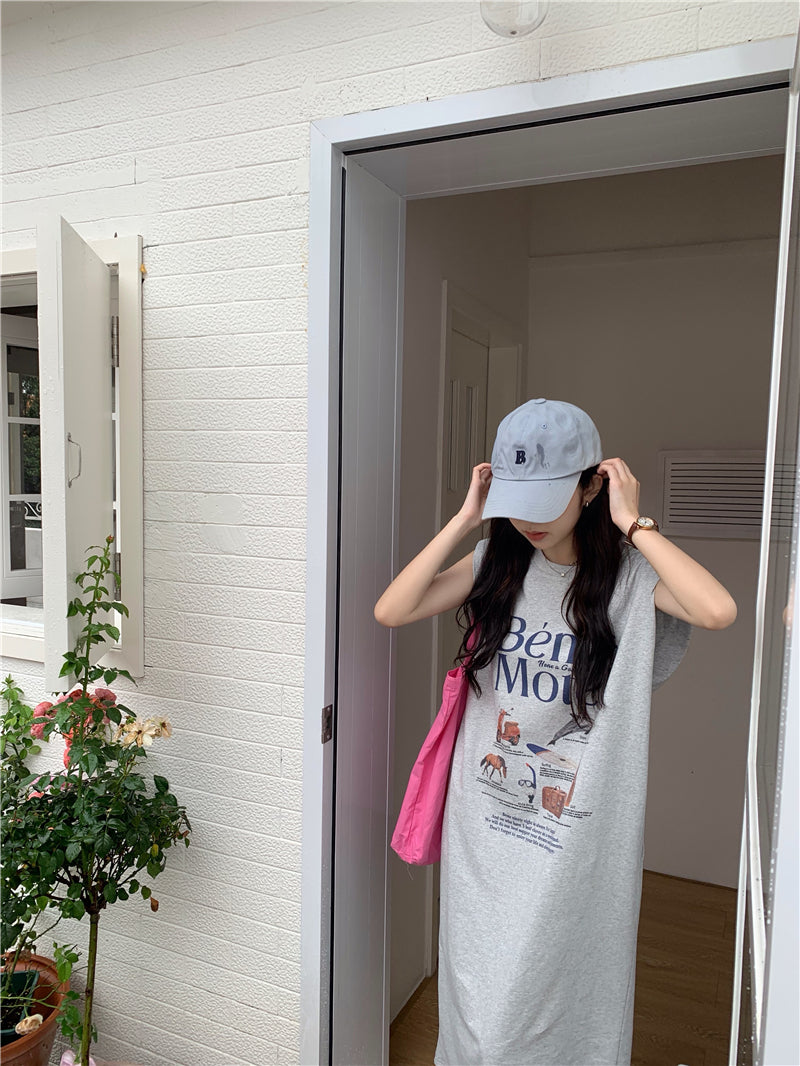 【F034269】實拍夏日印花無袖墊肩T恤洋裝250325