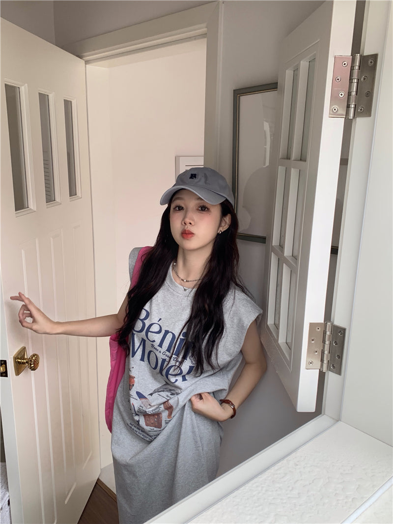 【F034269】實拍夏日印花無袖墊肩T恤洋裝250325