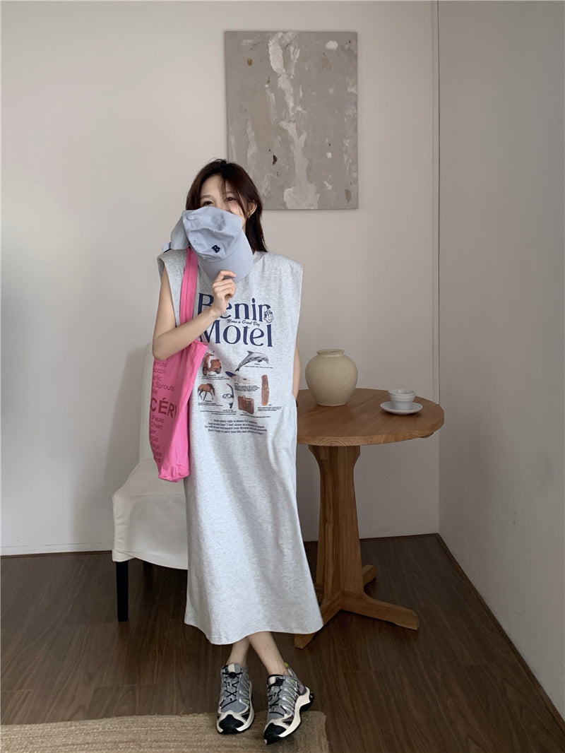 【F034269】實拍夏日印花無袖墊肩T恤洋裝250325