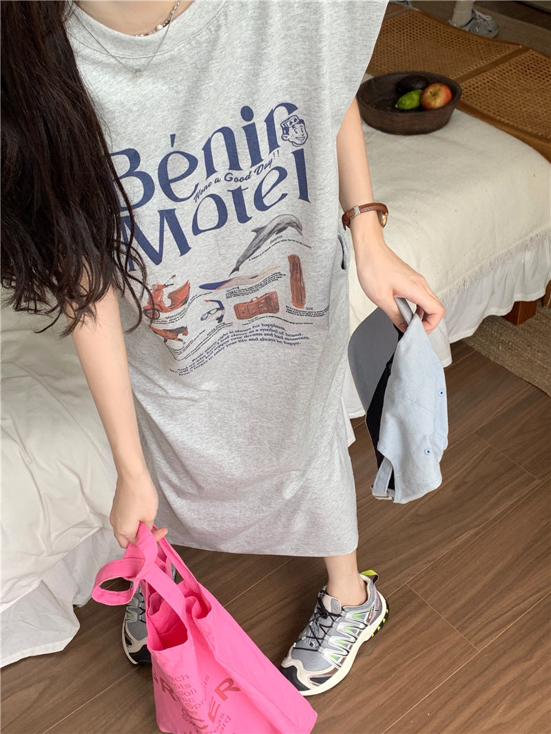 【F034269】實拍夏日印花無袖墊肩T恤洋裝250325