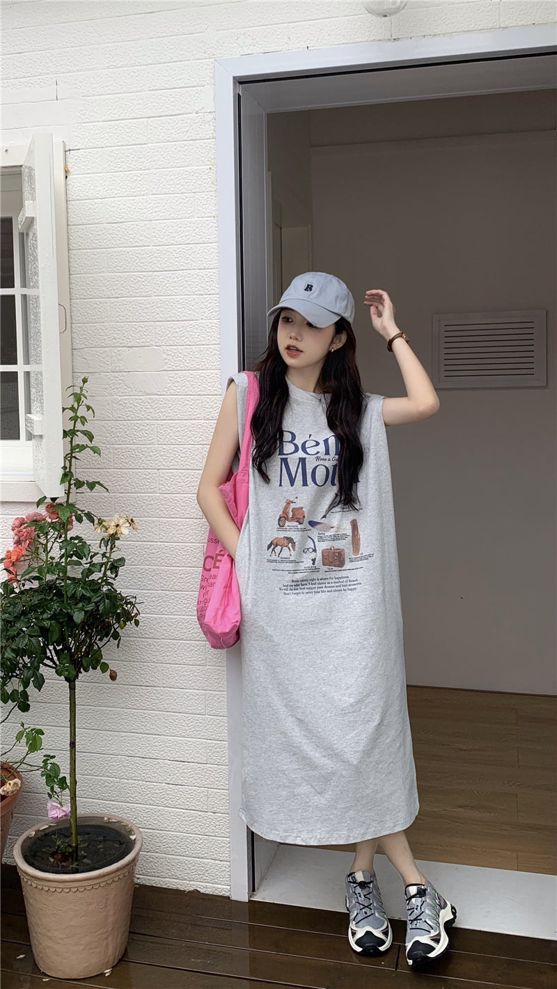 【F034269】實拍夏日印花無袖墊肩T恤洋裝250325