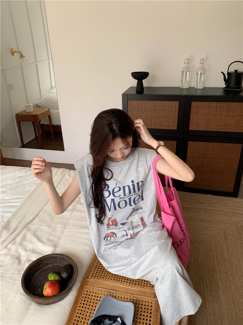 【F034269】實拍夏日印花無袖墊肩T恤洋裝250325