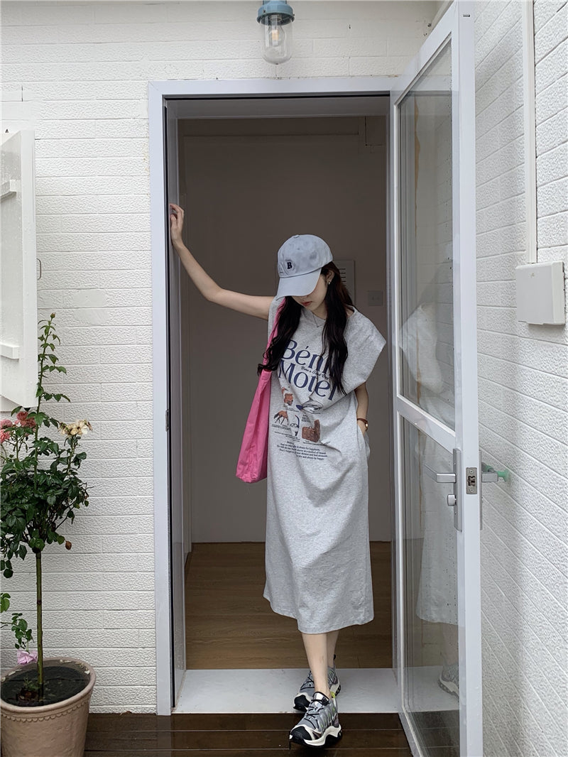 【F034269】實拍夏日印花無袖墊肩T恤洋裝250325