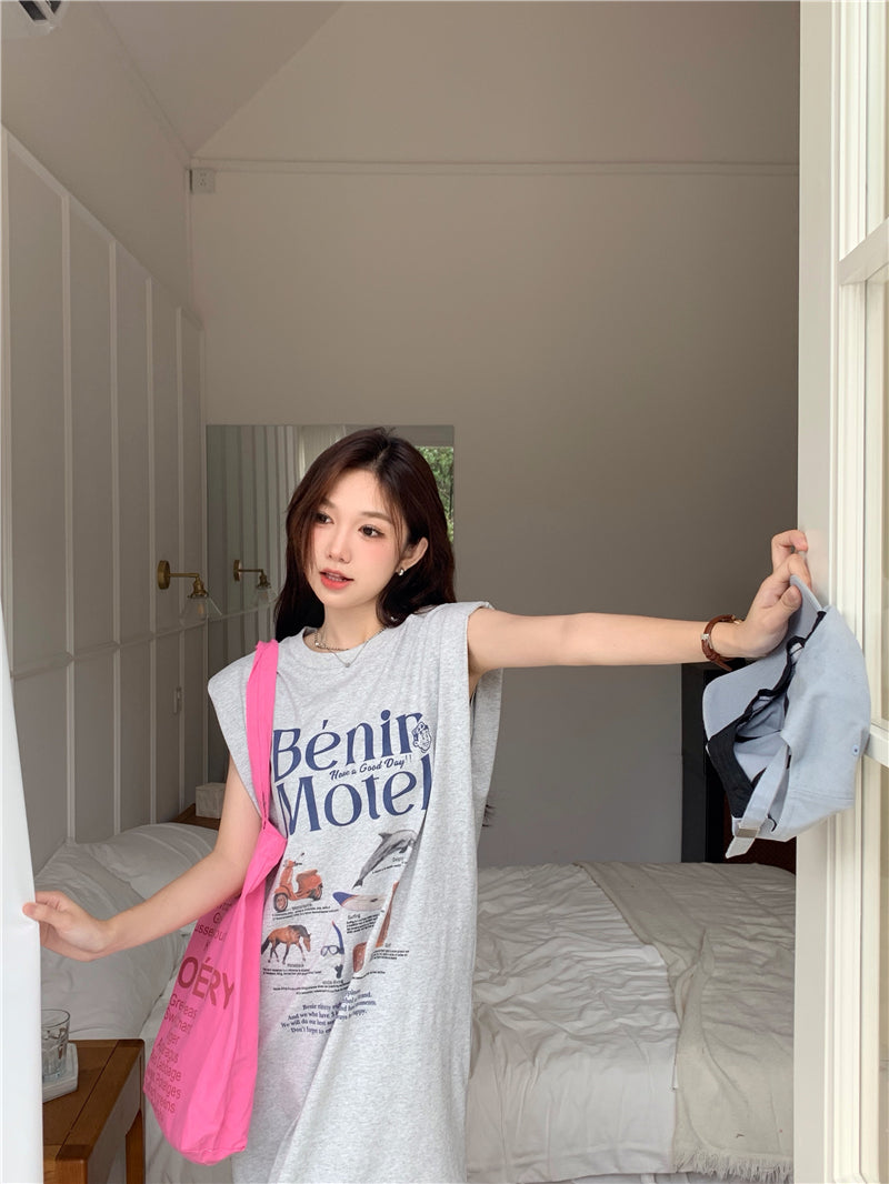 【F034269】實拍夏日印花無袖墊肩T恤洋裝250325