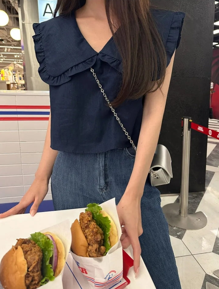 【F60478】韓版夏季甜美簡約娃娃領上衣250616