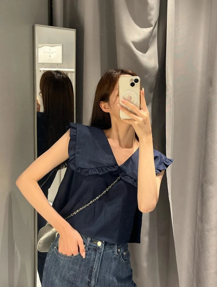 【F60478】韓版夏季甜美簡約娃娃領上衣250616