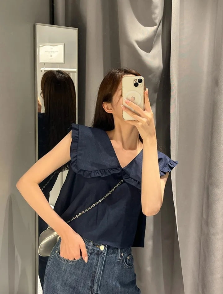 【F60478】韓版夏季甜美簡約娃娃領上衣250616