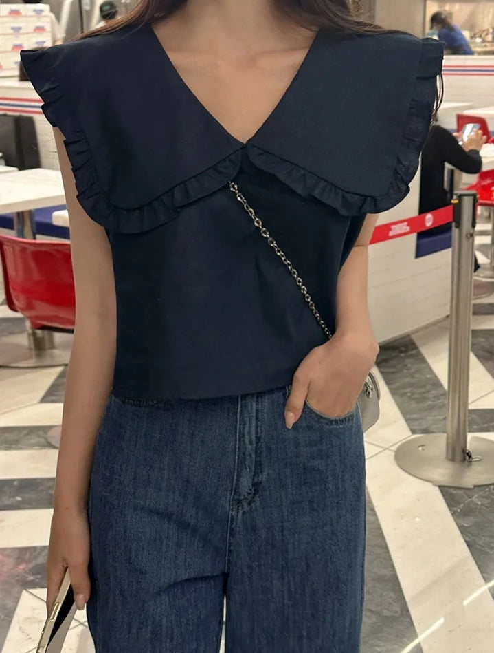 【F60478】韓版夏季甜美簡約娃娃領上衣250616