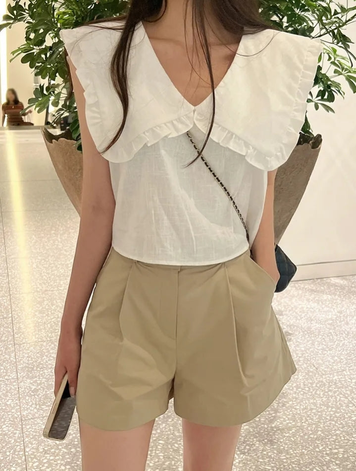 【F60478】韓版夏季甜美簡約娃娃領上衣250616