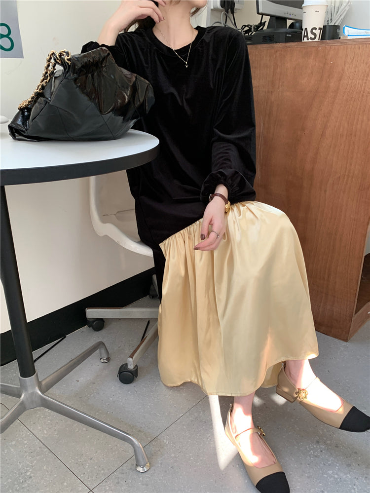 【F01209】實拍韓國復古黑絲絨拼接緞面洋裝250113