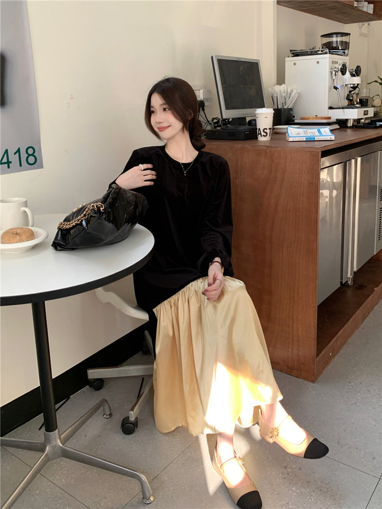 【F01209】實拍韓國復古黑絲絨拼接緞面洋裝250113