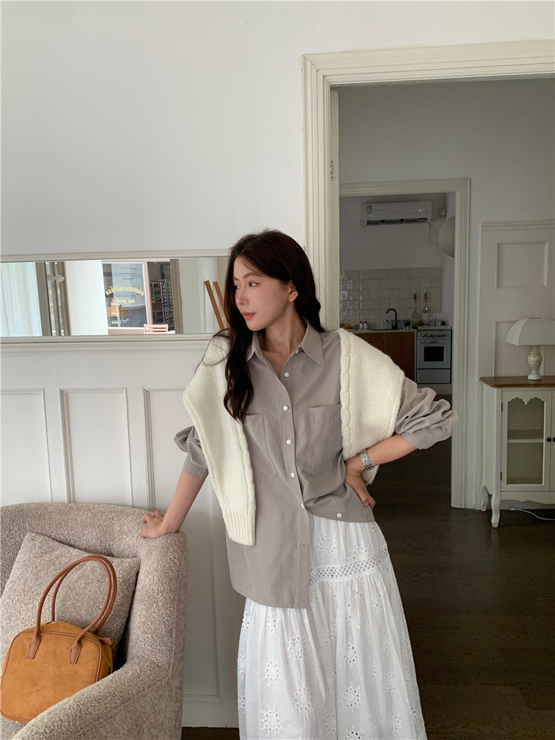 【F034264】實拍韓版氣質簡約雙口袋襯衫250325