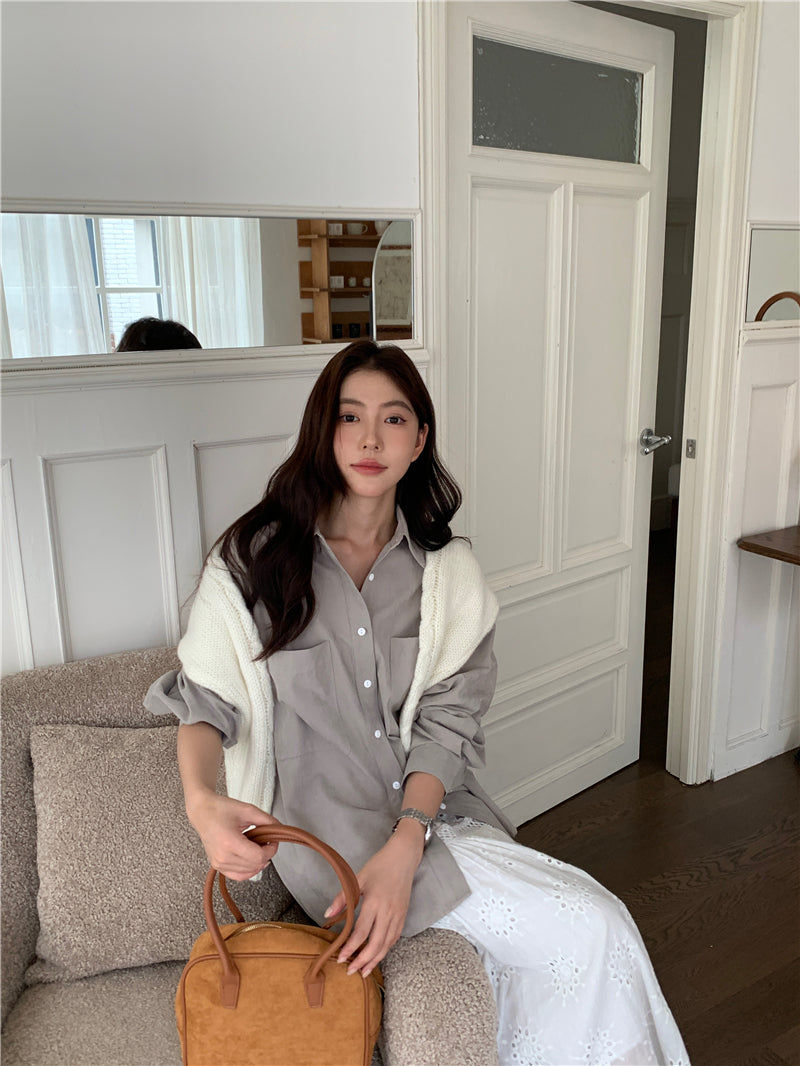 【F034264】實拍韓版氣質簡約雙口袋襯衫250325