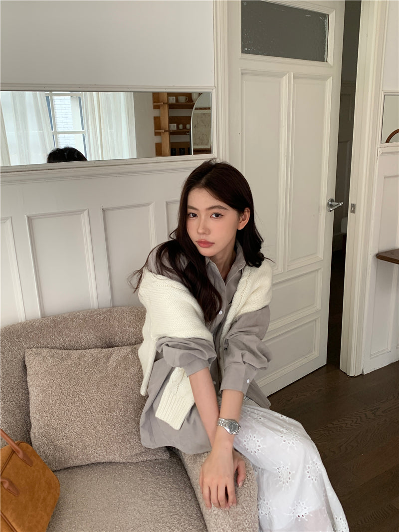【F034264】實拍韓版氣質簡約雙口袋襯衫250325
