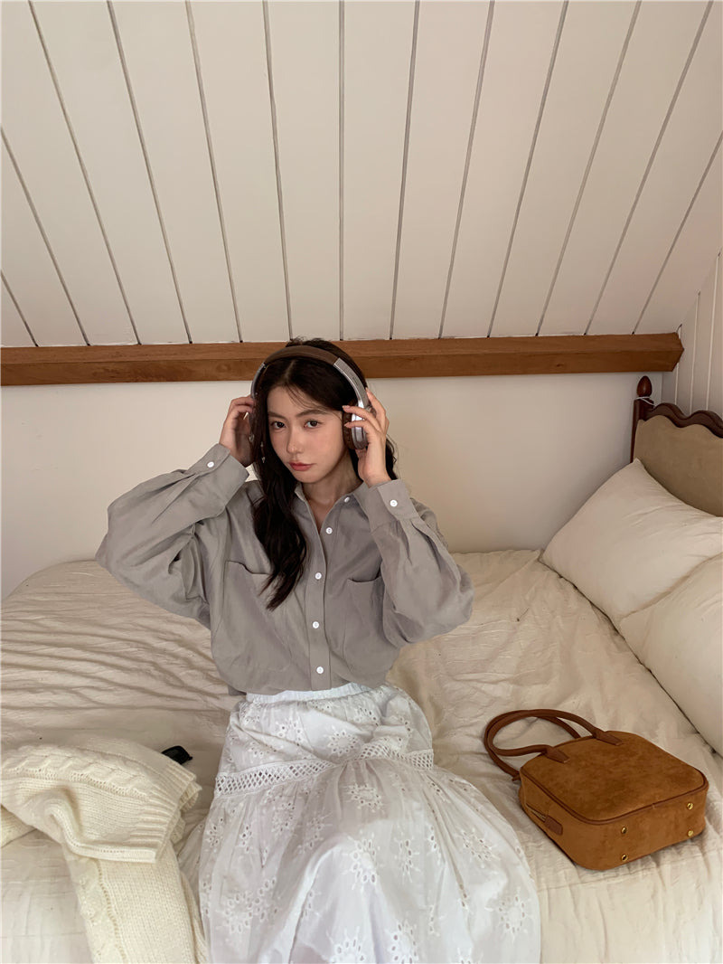 【F034264】實拍韓版氣質簡約雙口袋襯衫250325