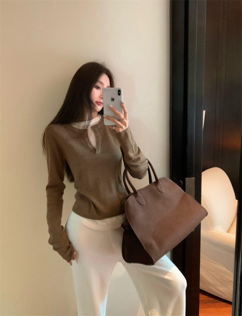 【F01129】實拍美式假兩件針織衫250106