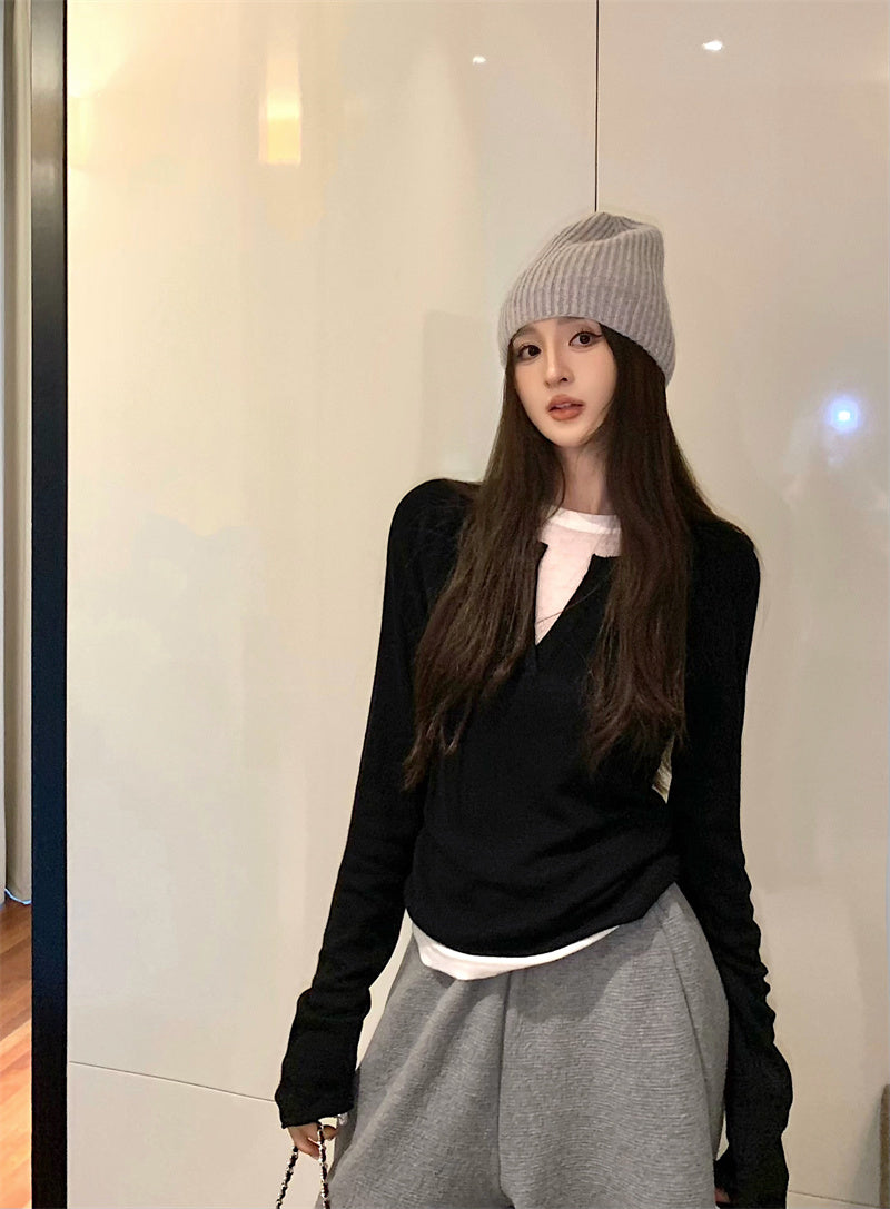 【F01129】實拍美式假兩件針織衫250106