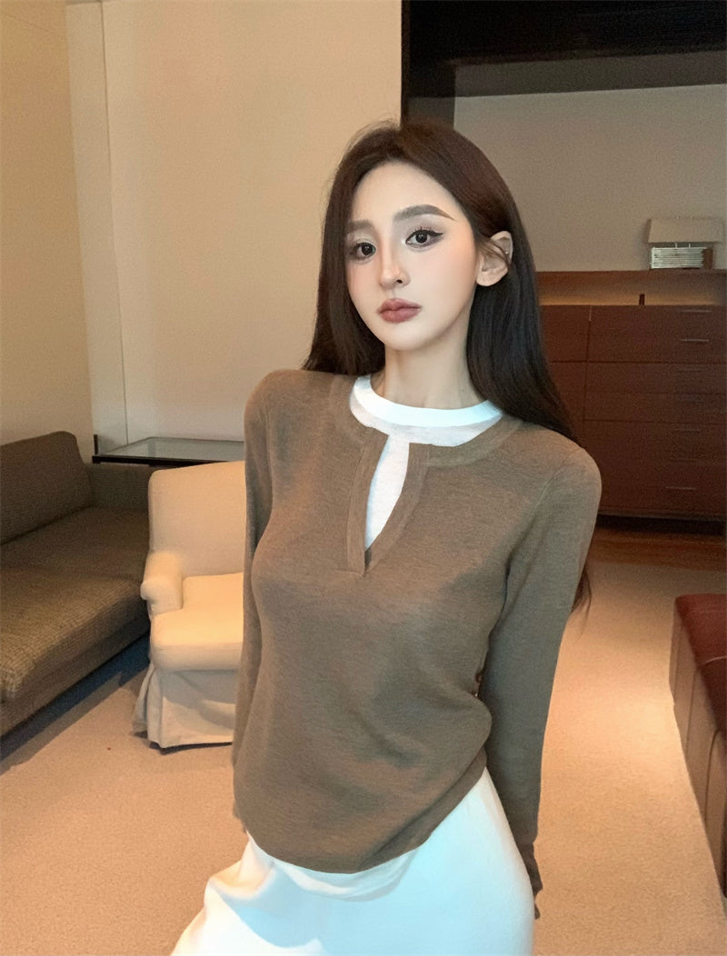 【F01129】實拍美式假兩件針織衫250106