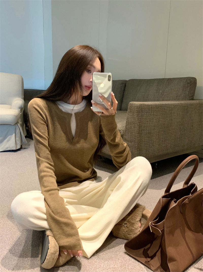 【F01129】實拍美式假兩件針織衫250106