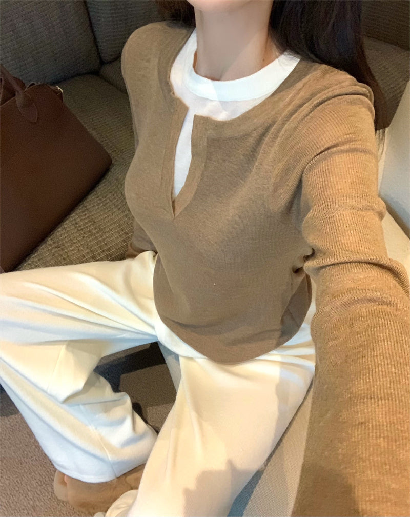 【F01129】實拍美式假兩件針織衫250106
