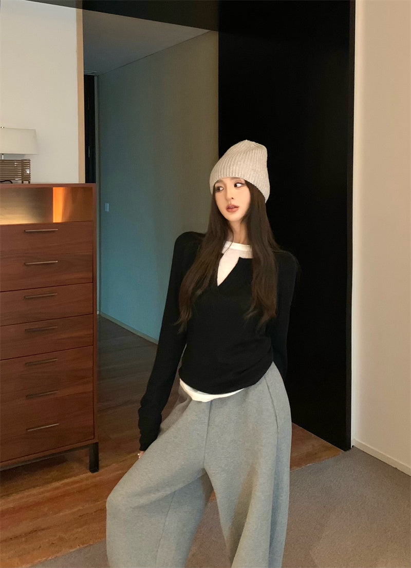 【F01129】實拍美式假兩件針織衫250106