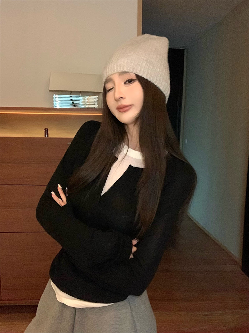 【F01129】實拍美式假兩件針織衫250106