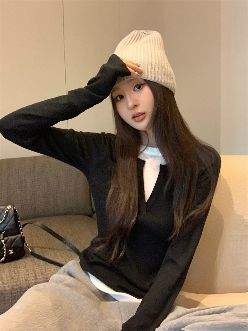 【F01129】實拍美式假兩件針織衫250106
