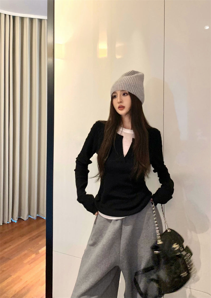 【F01129】實拍美式假兩件針織衫250106