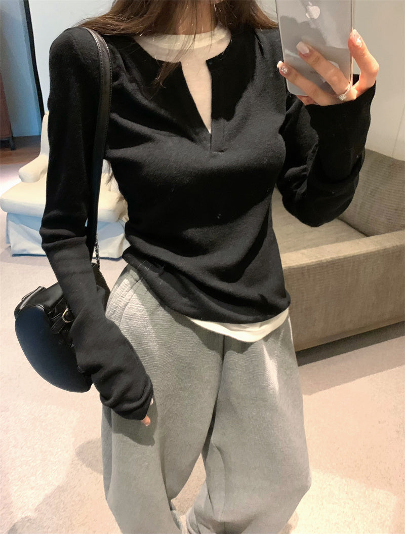 【F01129】實拍美式假兩件針織衫250106