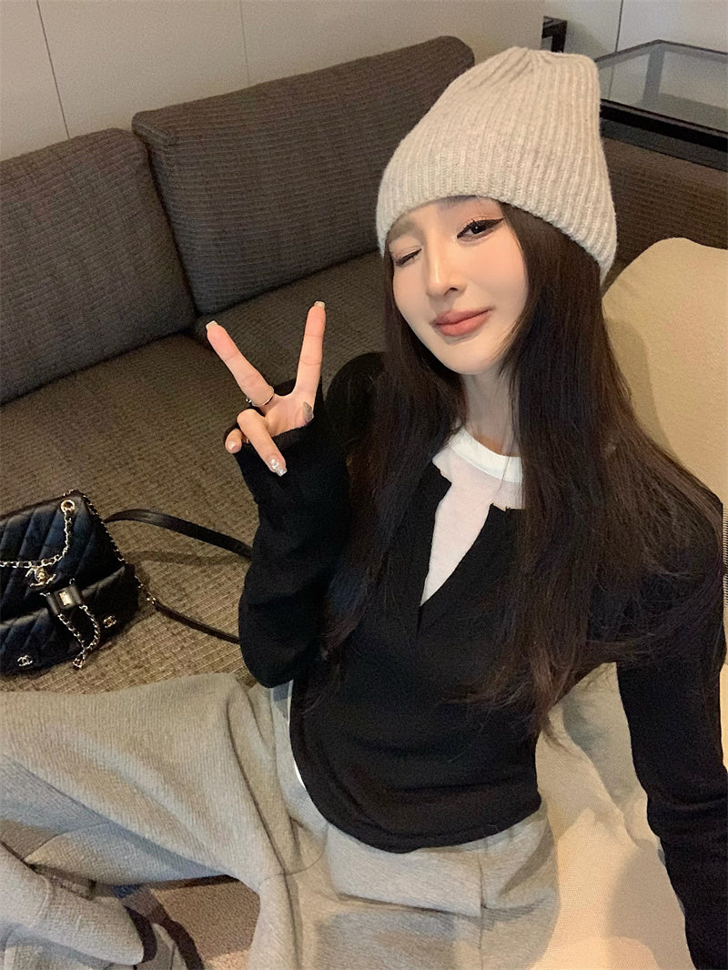 【F01129】實拍美式假兩件針織衫250106