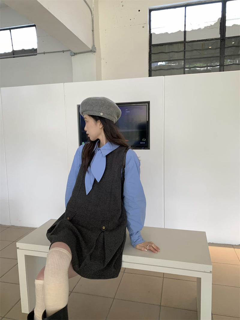 【F01223】實拍2025春季新款復古純棉襯衫送領結+毛呢背心裙(分開下單)250113