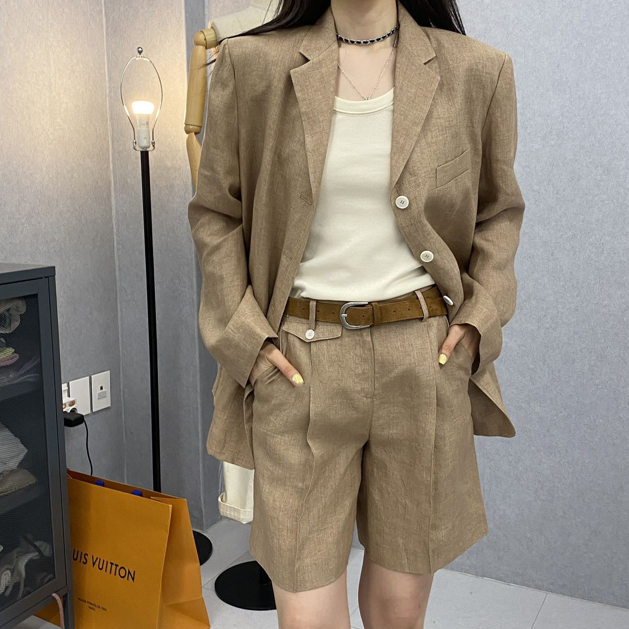 【F01211】實拍早春長袖西服外套+斜口袋設計休閒短褲(分開下單)250113