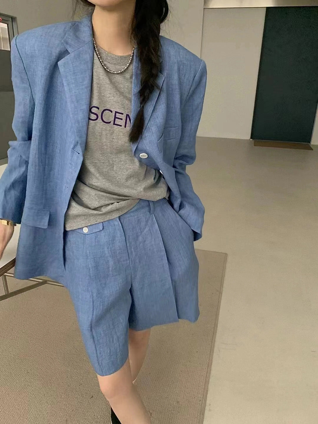 【F01211】實拍早春長袖西服外套+斜口袋設計休閒短褲(分開下單)250113