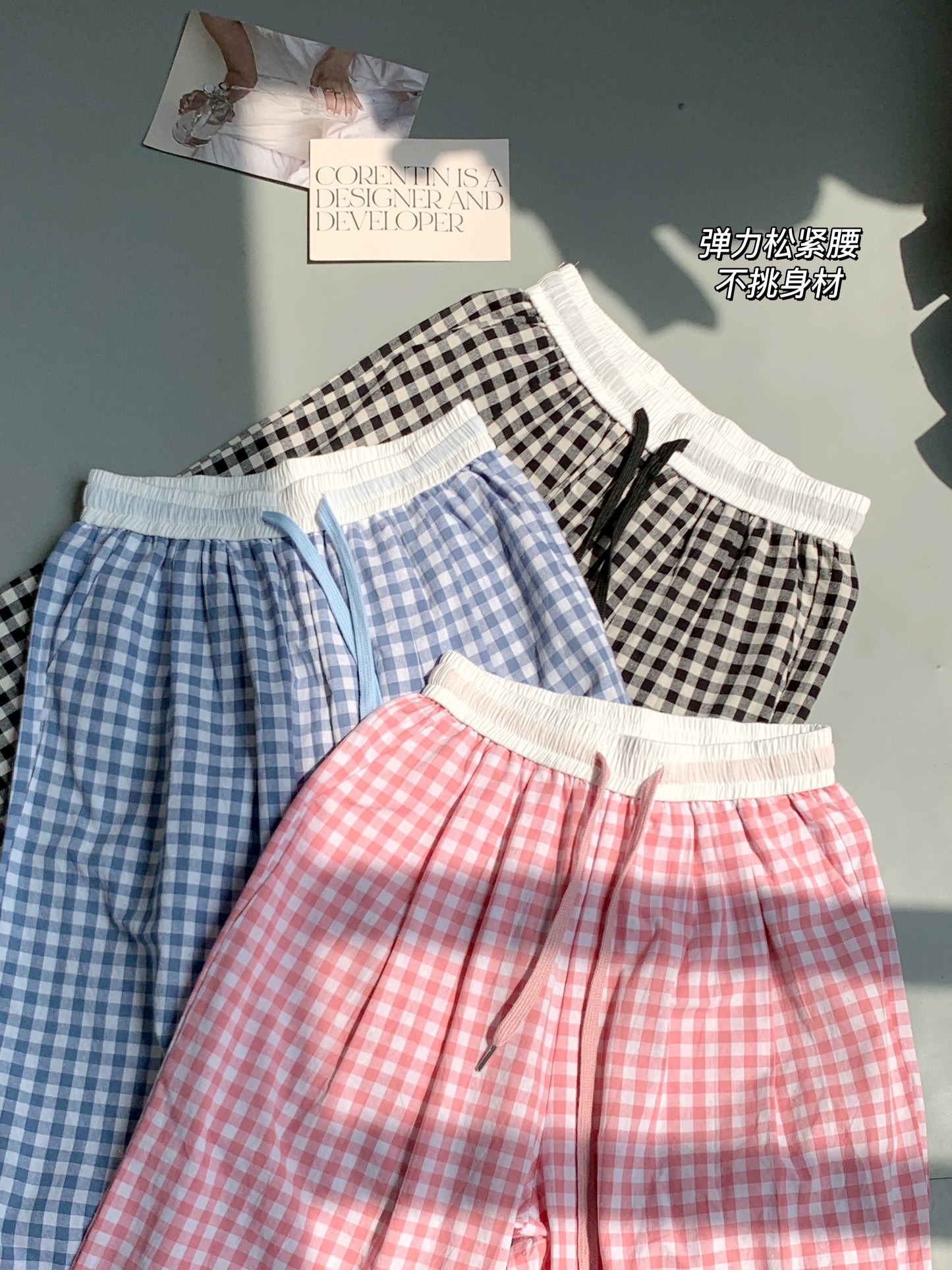 【F60158】實拍夏季日系休閒高腰格子薄款闊腿褲250218