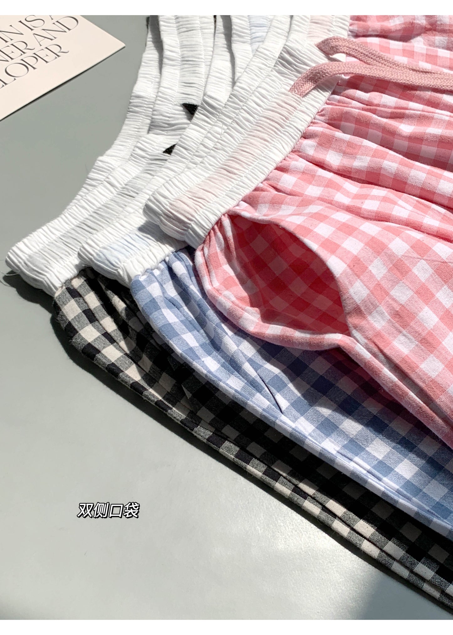 【F60158】實拍夏季日系休閒高腰格子薄款闊腿褲250218