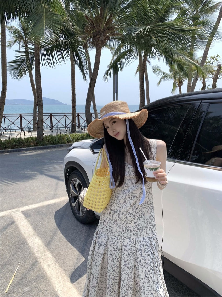 【F034270】實拍韓系復古小方領碎花繫帶魚尾洋裝250325