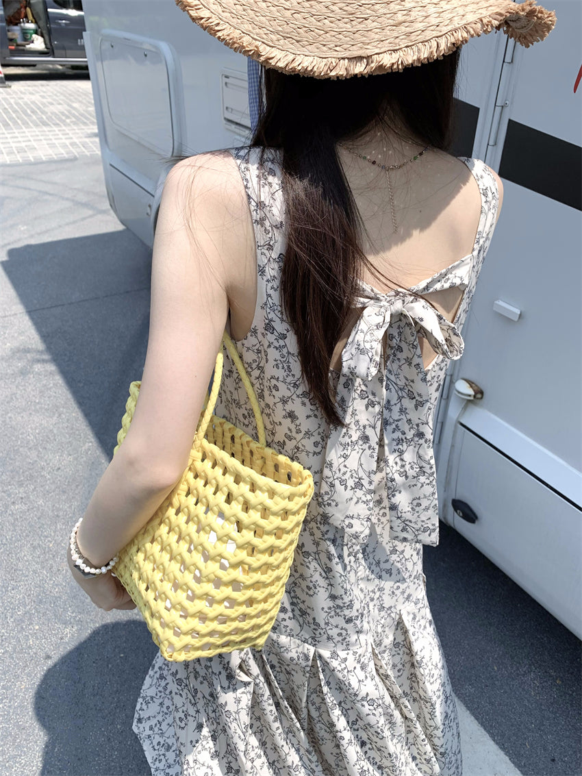 【F034270】實拍韓系復古小方領碎花繫帶魚尾洋裝250325