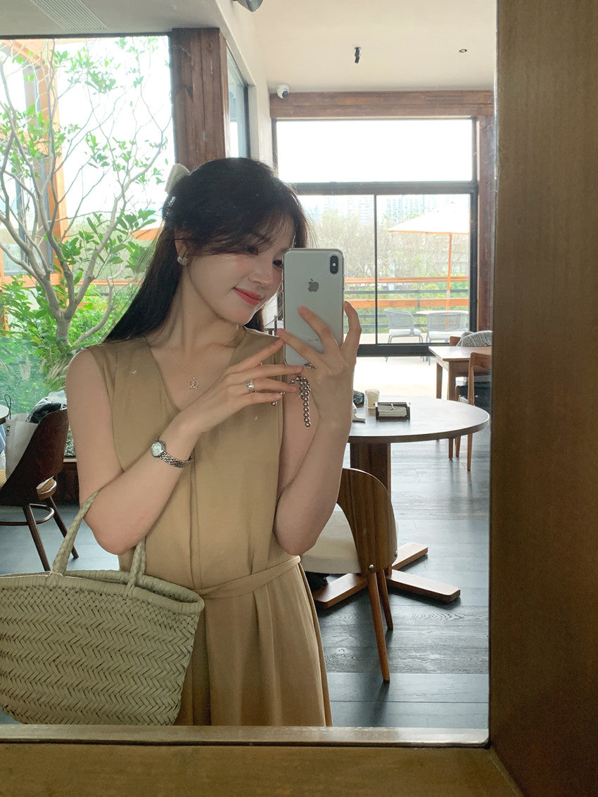 【F60318】實拍温柔甜美寬鬆繫帶背心洋裝250408