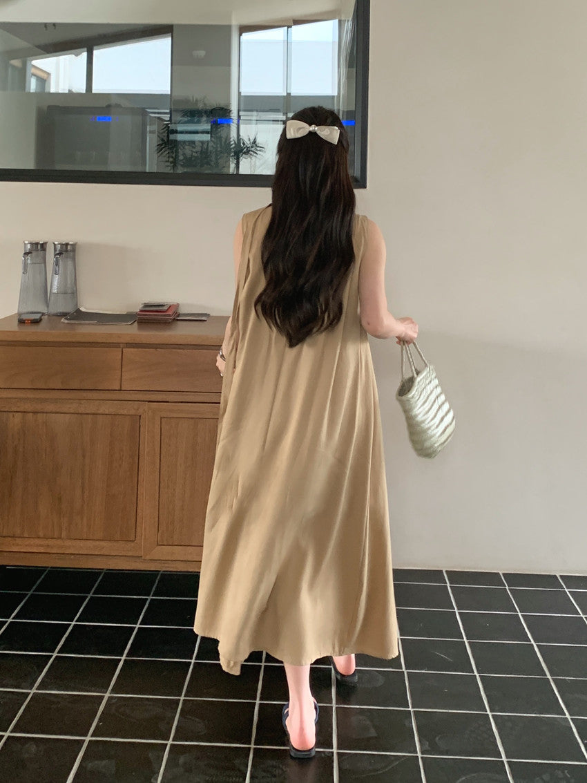 【F60318】實拍温柔甜美寬鬆繫帶背心洋裝250408