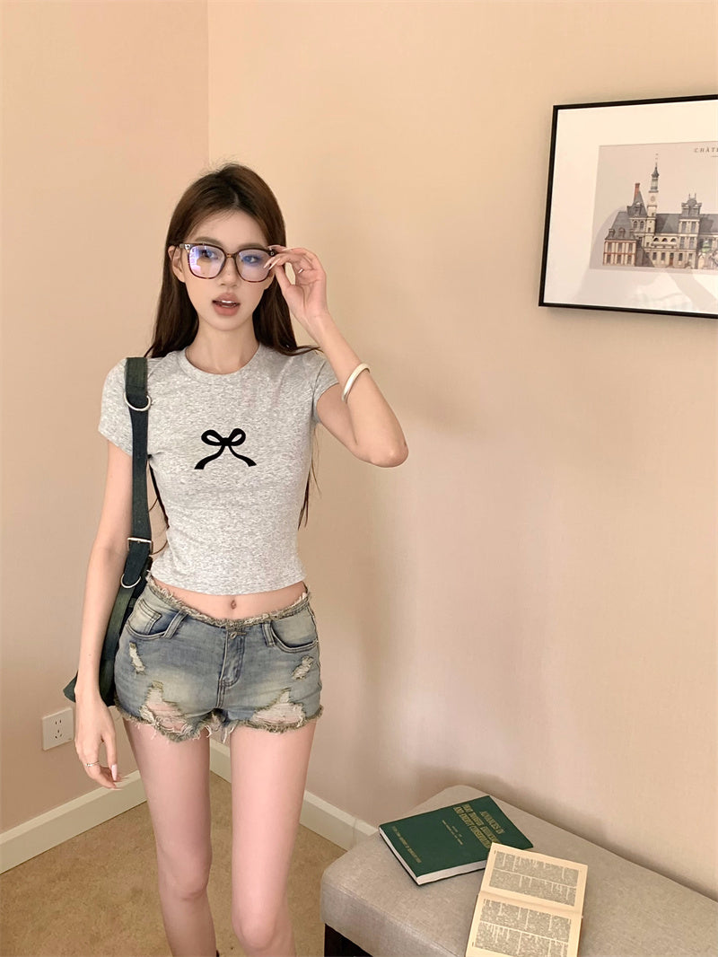 【F60332】實拍夏日微甜MIU系蝴蝶結T恤250408