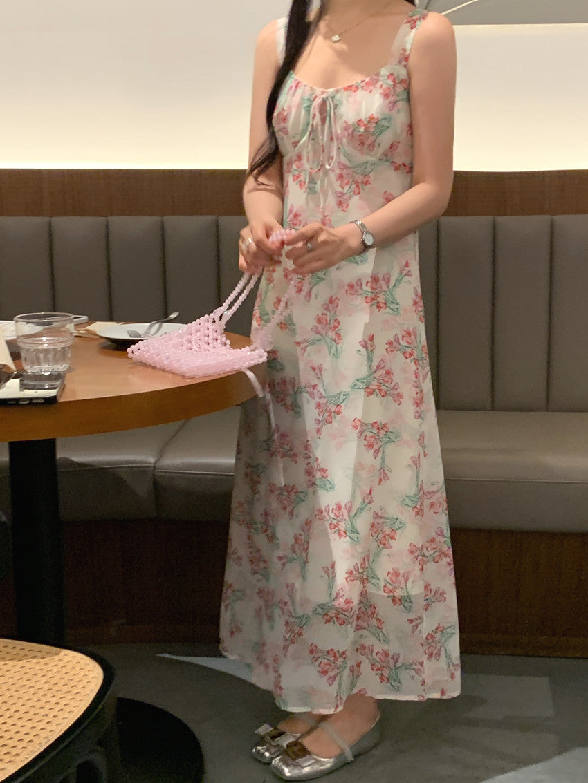 【F60427】實拍法式温柔復古碎花雪紡洋裝250609