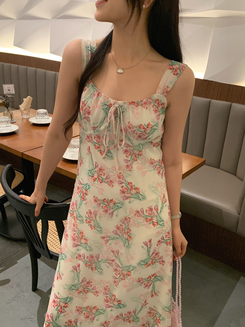 【F60427】實拍法式温柔復古碎花雪紡洋裝250609